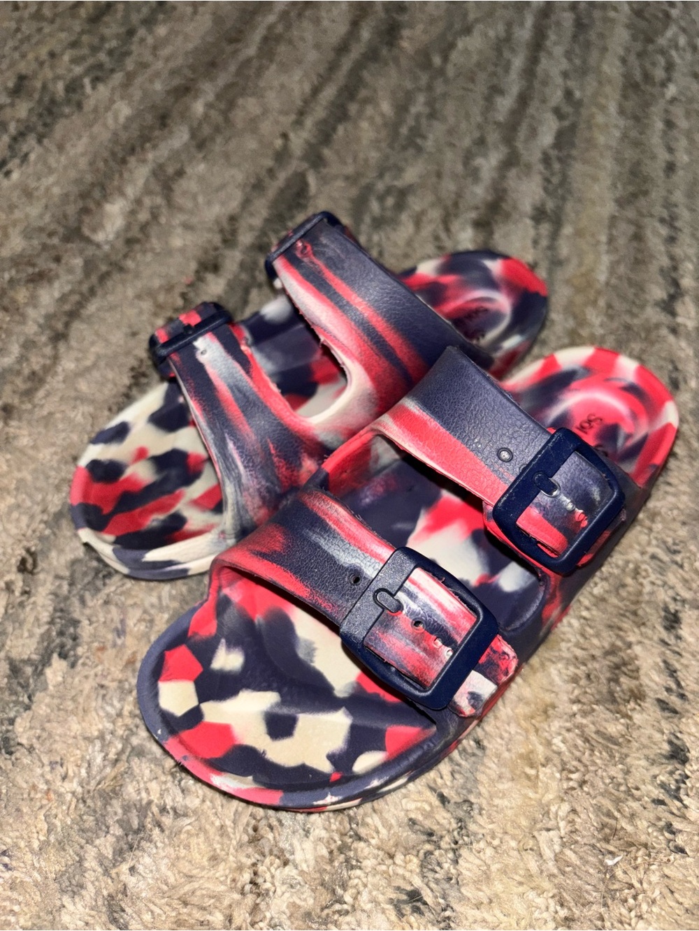 Kids Two-Buckle Slide Sandals in Red, Navy & White